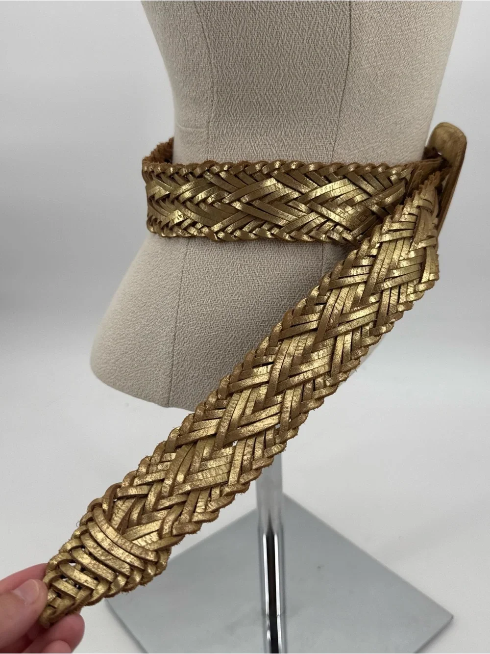 Simply Vera Wang Gold Metallic Leather Belt Braided Wide Buckle Woven Boho Large